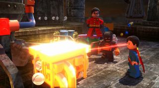 Superman using his heat vision in Lego Batman 2: DC Super Heroes