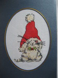 Completed Finished Cross Stitch Card Christmas Cat
