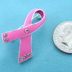 Pink Ribbon Enamel w Rhinestone Pin Breast Cancer