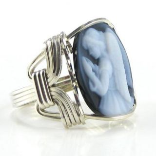 Praying Angel Agate Cameo Ring Sterling Silver