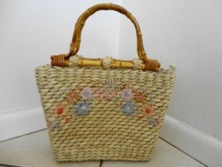 Cappelli Straw Basket Woven Handbag Purse Floral Bamboo Handles Spring 