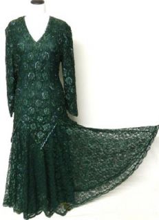 Carina Size L Green Beaded Lace Gown Dress Drop Waist Full Skirt 