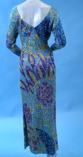 Vintage Splashy Mermaid Colors Fully Sequinned Long Knit Gown w Side 