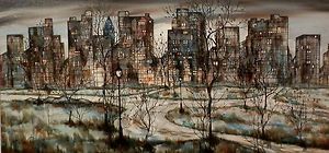 LISTED American Hugo Casar 1960s Surrealist New York Cityscape Oil on 