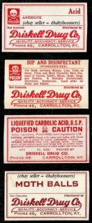   DRISKELL Drug Store POISON+ MEDICINE Bottle Label Carrollton Kentucky
