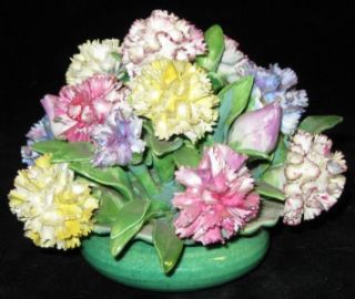 c1900 Antique Staffordshire Carnation Porcelain Flowers in Bowl