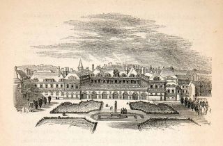 1855 Wood Engraving Palais Royal Cardinal French Garden Aerial View 