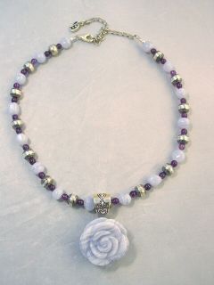 Carolyn Pollack Blue Lace Agate Carved Rose Necklace w Sterling Silver 