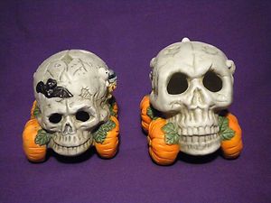 Vintage HALLOWEEN Skeleton Skull Candle Holders Pumpkin Car Carriage 