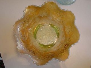 Vintage Carnival Glass Lime Green Opal Dragon and Lotus bowl