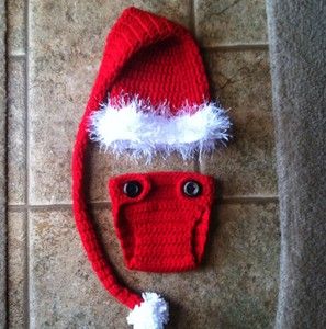 Crocheted Santa Elf Hat and Diaper Cover Photo Prop Size 3 6 Months 