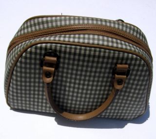 Handbag Purse Green Gingham Check Carryland Bowling Bag Style Tan Trim 
