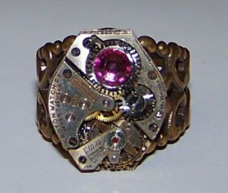 Deep Pink Gem STEAMPUNK Vintage Watch Gear RING Jewelry Published 