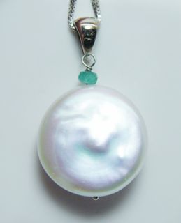 High Quality Diamond Initial C Pearl Emerald 14k White Gold Pendant 
