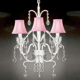 New White Wrought Iron Crystal Chandeliers 3 Lights Pink Shades 