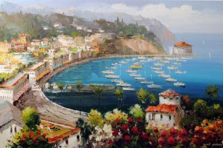 Catalina Island Avalon Bay Harbor Boats Seascape 24x36 Oil on Canvas 