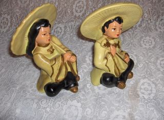 Vint Chalk Ware Book Ends Green Chinese Boy Girl Universal Statuary 
