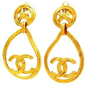 Authentic Vintage Chanel Earrings CC Logo Hoop Dangle Gold Coco CE150 