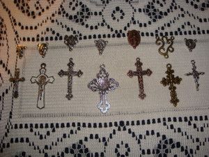 Lot Mixed Rosary Parts Center Crucifix Cross 7 Sets 14 Pcs