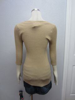 Chesley Stretch Beige Tan Ribbed Scoop Neck Fitted Winter Warm Sweater 