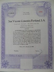 Mexico Stock Certificate 1958  San Vicente Cementos Portland s A w 20 