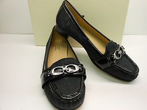 New Coach Eloise Black Signature Fabric with Black Patent Trim Loafers 