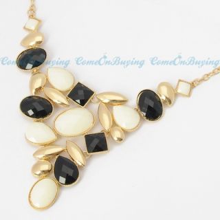 Fashion Golden Chain Water Drop Black & Cream Resin Beads Pendant Bib 