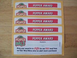 Chilis Pepper Pals Awards Coupon Certificates for A Free Kids Meal 5 