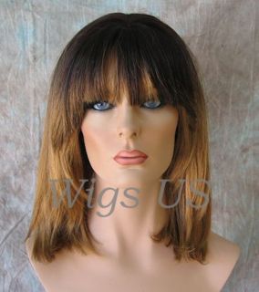 Wigs Skin Part Bangs Beveled Face Frame Layers Nutmeg Dark Roots Wig 