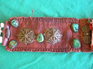   Leather Belt w Brass Turquoise Chesnee Ornaments 33 5 Long