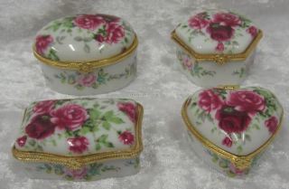 Rose & Flower Porcelain Trinket Box Boxes With Hinged Lids & Gold 