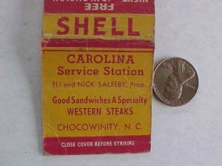 1950s Era Chocowinity North Carolina Shell Gas Station Matchbook 