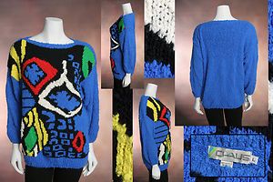 80s Sweater from Chaus Blue Geometric Flat Neckline Vintage Hip Retro 