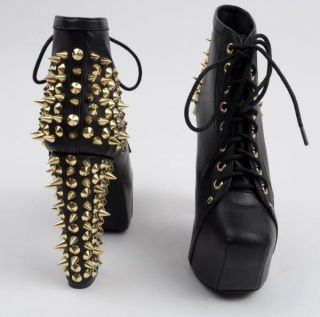 Jeffrey Campbell New Lita Gold Spike Black Leather Ankle Boots Shoes 7 