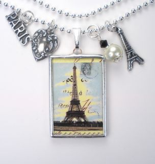 Paris France Eiffel Tower Postcard Art Charm Necklace