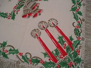 Vintage Christmas Linen Tablecloth Shabby Cottage Chic
