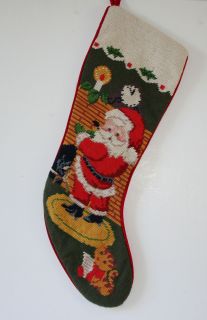 Vintage Wool Needlepoint SANTA IS IN THE HOUSE Christmas Stocking