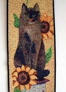 Bell Pull Tapestry Cat Sunflower 36 w Wood Dowel Top Wall Hanging USA
