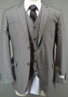 New Mens Brown Glen Plaid 3 Piece Suit Blazer Vest Pants 38R 44R Dual