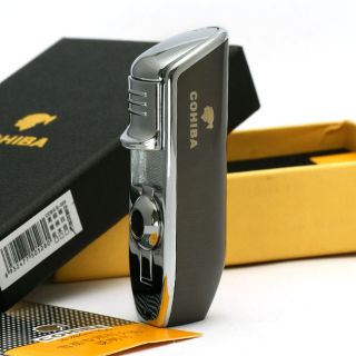 COHIBA 3 Torch Flame Cigar Lighter with Cigar Punch Black Chrome