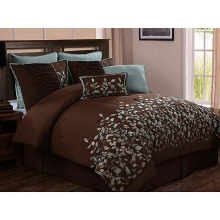 Embroidered Leaves 8 Piece Chocolate Brown Comforter Set