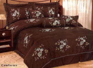 PC Teal Embroidery Floral Brown Comforter Set Queen