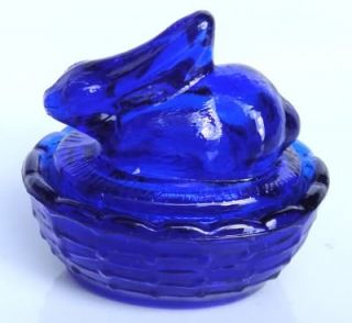 Cobalt Blue Glass Bunny on Basket Miniature Salt Dish