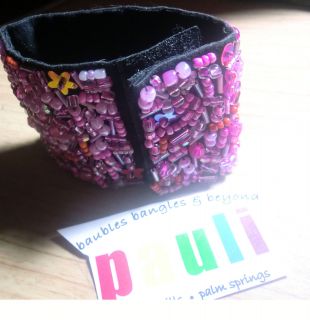  Pink Fully Beaded Wide Cuff Fabric Bracelet Velcro Closure New