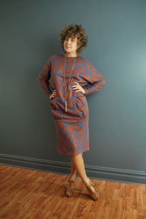  80s s M Orange Blue Graphic Cocoon Dolman Sleeve MIDI Dress