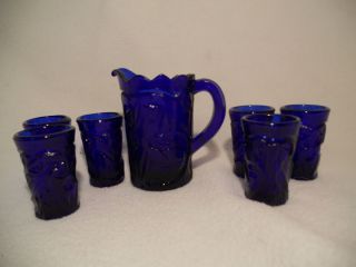   Glass Peacock Child Water Set Cobalt Blue Pitcher and 6 Glasses