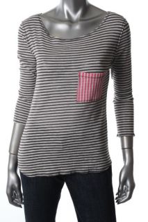 Claeson New Gray Striped Long Sleeve Pocket Front Pullover Top Tee
