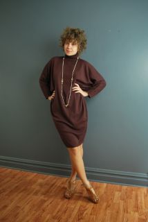  80s Chocolate Brown Knit Wool Cocoon Dolman Sleeve MIDI Dress