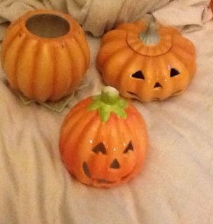 Lot of 3 Hallmark Ceramic Pumpkin Tealight Candle Holder Halloween