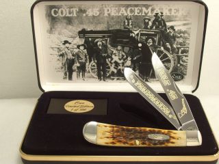 CASE XX Colt 45 PEACEMAKER Trapper Amber Bone Handles Knife Gold Color